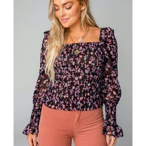 Floral Sheer Black and Pink Smocked Top - BuddyLove  Cassie